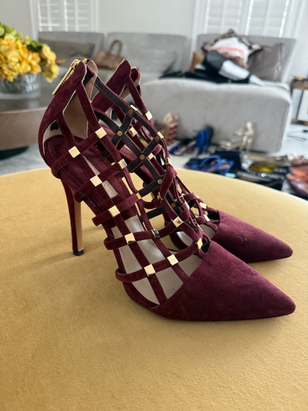 Michael Kors Burgundy Suede Cage Pointed-Toe Heels with Gold Accents - Picture 2 of 7